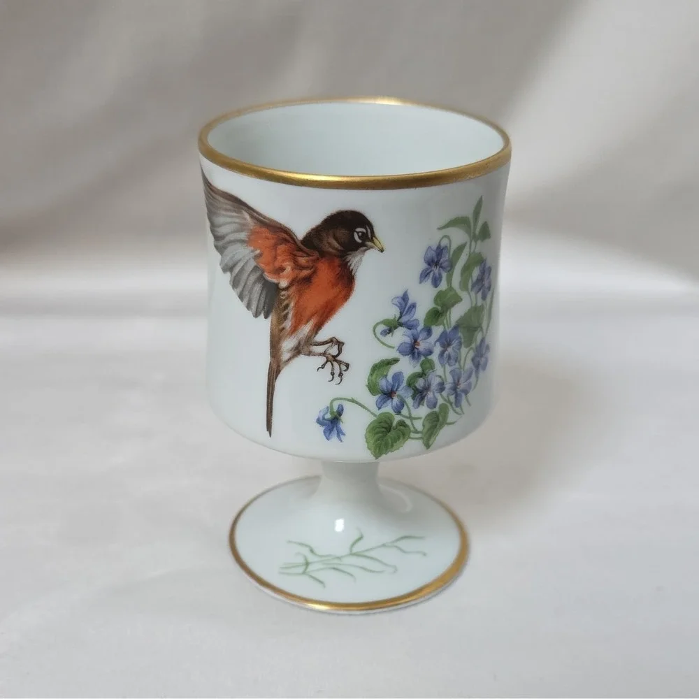 Limoges France VINTAGE Porcelain Egg Cup Bird and Floral Design Gold Trim